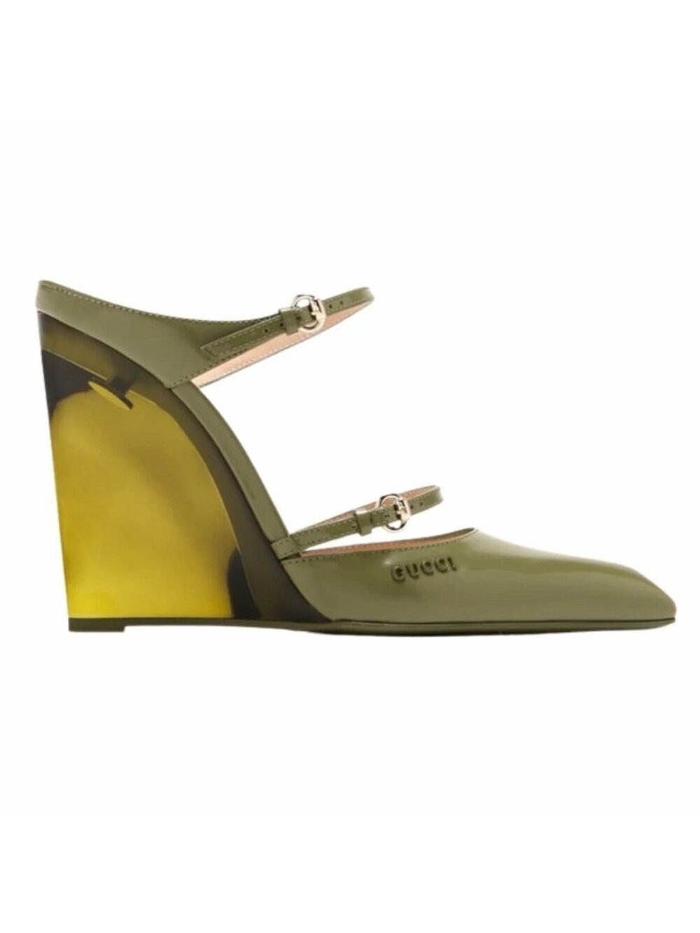 NEW GUCCI SHOES LEATHER w LUCITE WEDGE MULES LOGO EMBOSSED $1,590 sz 38